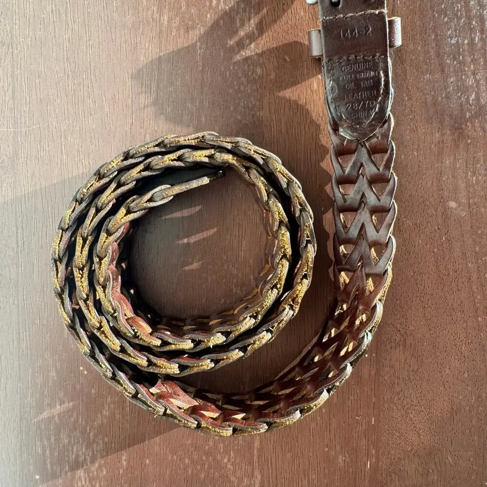 Genuine Full Grain Leather Braided Woven Belt Brown Solid Brass Buckle Size 38